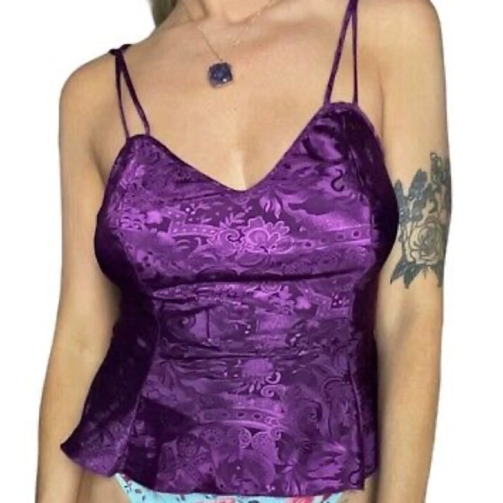 Vintage Victorias Secret Gold Label purple satin paisley peplum lingerie Top